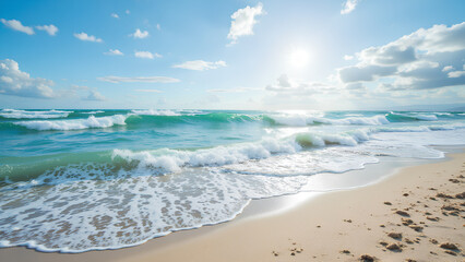 Tropical beach with waves and blue ocean under a sunny sky