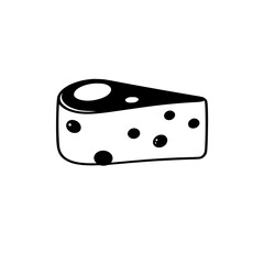 Black and white illustration of a wedge of cheese, with black circles. The cheese is sitting on white background.