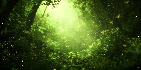 Enchanting forest scene with sunlight filtering through the lush green trees creating a magical natural environment