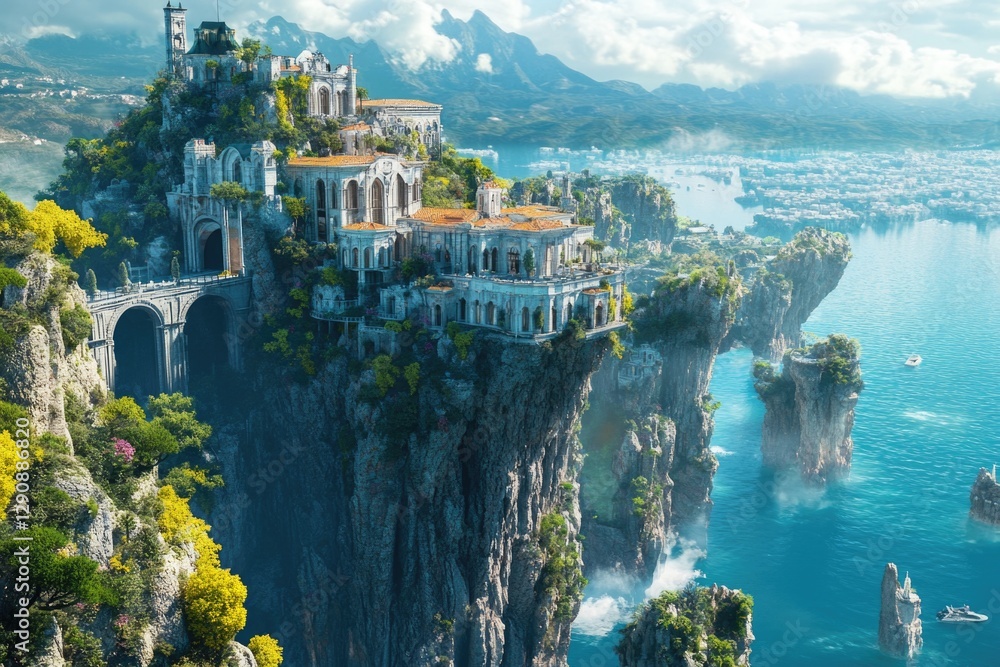 Poster a medieval-style castle stands tall on the edge of a cliff, offering breathtaking views of a serene 