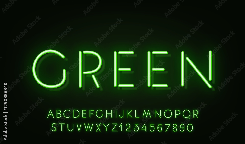 Poster green neon reflection font on dark background. light glow letter and numbers for text sign.