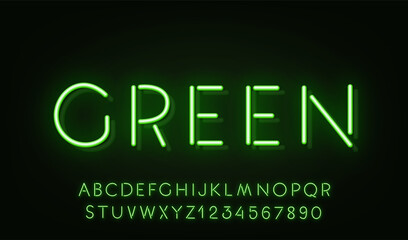 Green Neon Reflection font on dark background. Light glow letter and numbers for text sign.