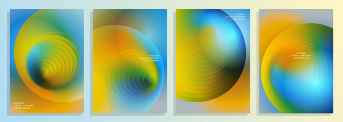 abstract orange field blue green layered radial gradient cover poster background design set.