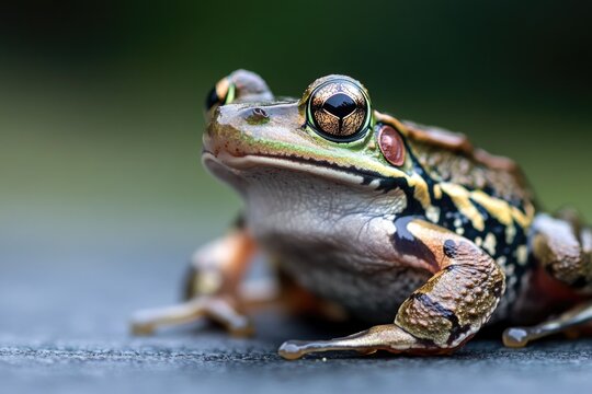 A close-up view of a small green frog sitting on a surface, with its tiny eyes and mouth visible