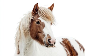 Obraz premium A detailed view of a horse's face and neck against a clean white surface