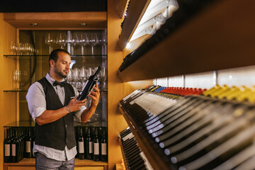 Bartender Sommelier Selecting Wine in Elegant Cocktail Bar Setting
