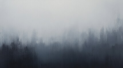Foggy landscape with blurred trees in the background, atmospheric mist covering the forest, serene nature scene, moody and tranquil ambiance.