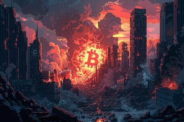 Fototapeta premium A depiction of pixelated bitcoin symbol crashing down on a city ruins