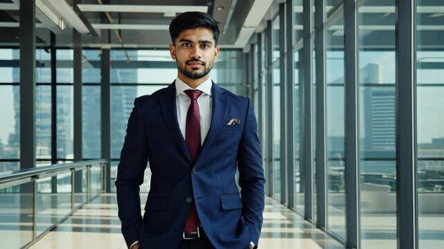 A poised young Indian executive in a navy suit surveys the city skyline. Concept of rising potential and modern corporate success.
