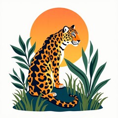 Cute cartoon leopard siting on a stone surrounded by jungle plants with a sun behind isolated on a white background