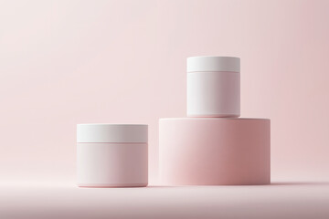 Cosmetic containers on pink geometric podiums