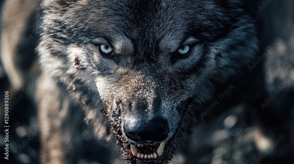 Poster a close-up shot of a wolf's face with its mouth open, suitable for illustrations or design concepts