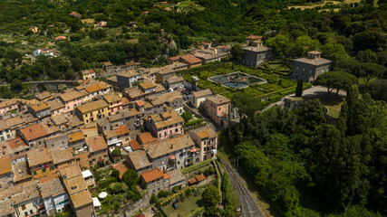 Aerial view of Villa Lante, one of the most famous Italian Mannerist surprise gardens. It is...