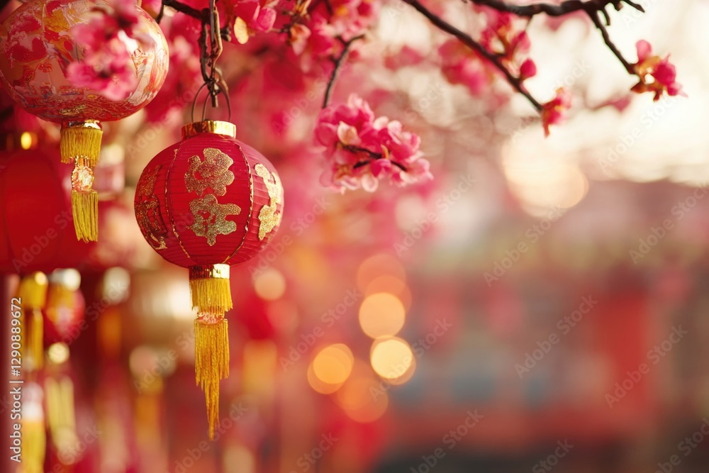 Poster A cluster of bright red lanterns suspended from the branches of a tree, creating a warm and inviting ambiance