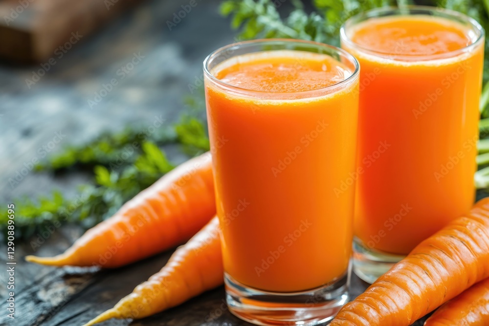 Poster Freshly squeezed carrot juice served with a selection of crunchy carrots for snacking