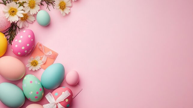 Colorful Easter eggs and gift cards arranged with a vibrant pink background flag design, embodying the joyful spirit of Happy Easter and the beauty of spring.