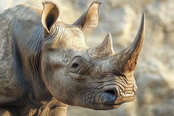 A close-up view of a rhinoceros standing near a rocky outcropping