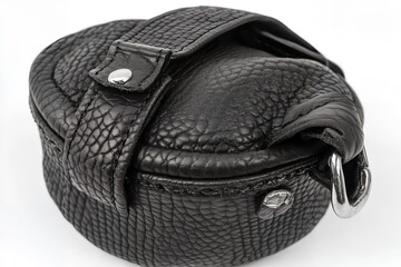 Fototapeta premium Stylish Black Leather Round Handbag with Unique Strap Detail and Metal Clasp Perfect for Everyday Use
