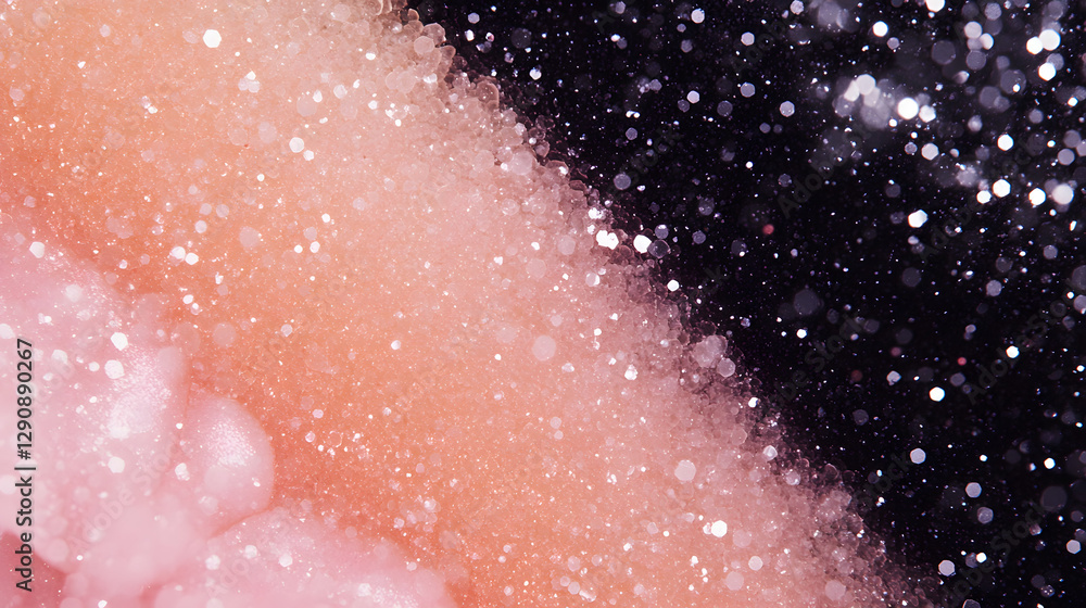 Poster a macro view of a sparkly background that is pink, peach, and black, using a diagonal.