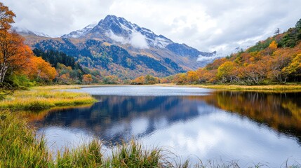 Obraz premium Autumn lake reflecting mountain, scenic fall landscape, travel poster