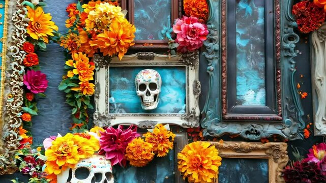 Ornate frames and skulls with vibrant marigolds and flowers on a Day of the Dead altar, featuring teal and orange color scheme. ai