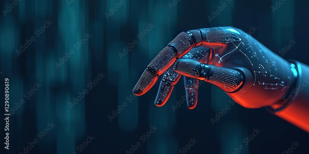 Poster project process coordination concept. futuristic robotic hand against a digital backdrop.