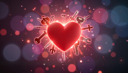 Heart-shaped lock surrounded by keys in twilight, unlocking love's mystery