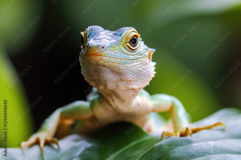 Poster a close-up view of a small lizard sitting on a leaf, showcasing its vibrant colors and intricate det