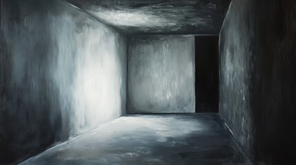 Obraz premium Empty room with gray walls, moody lighting, dark doorway, and a minimalist aesthetic. Ideal for backgrounds, artwork, and atmospheric designs.