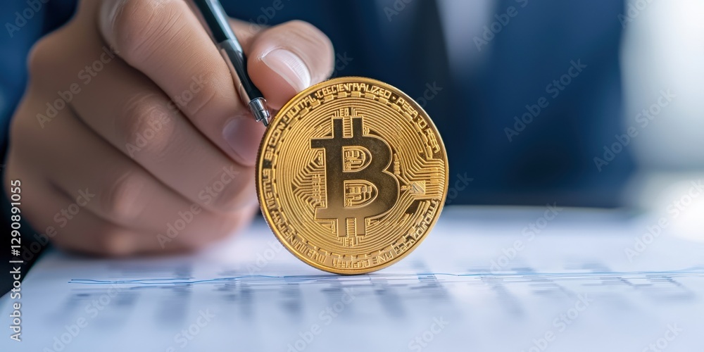 Aufkleber project process coordination concept. close-up of a hand holding a bitcoin while signing a document.