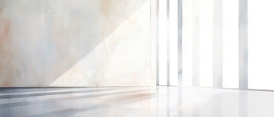 Empty modern interior with natural light, minimalistic design, soft shadows, white walls, and bright reflections on polished floor. Ideal for spacious settings.