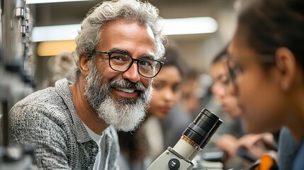 Male scientist looking through a microscope in a laboratory setting surrounded by scientific equipment and research materials