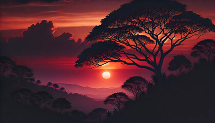 Widescreen Silhouette Tree at Sunset