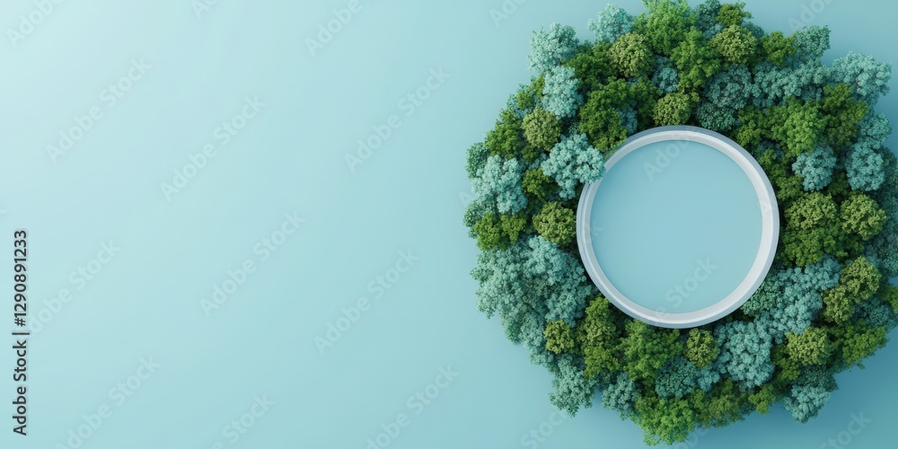 Poster project process coordination concept. green wreath with a circular frame on a light blue background.