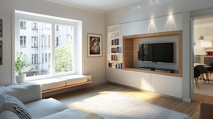 Compact media wall for small apartments, combining open shelving for display and closed storage for organization.