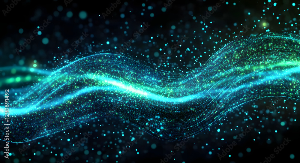 Poster background with glowing light blue and green lines, particles of data flowing in the air..