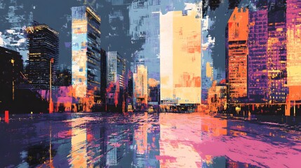 Vibrant Pixel Art Depiction of a Futuristic Economic Hub at Night