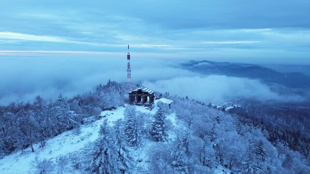 Winter Aerial view of the Temple du Donon in the Vosges