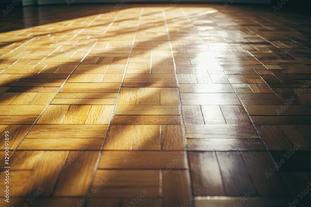 Poster a wooden floor with a warm glow coming from above, perfect for use in interior design or architectur