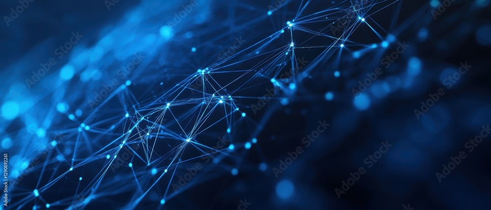 Poster digital network connections in blue tones, abstract technology background with glowing lines and dot
