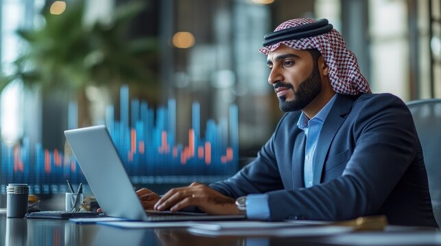 Arab Businessman Working on Laptop in Modern Office