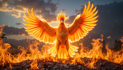 Phoenix rising from ashes in fiery display, rebirth and self-discovery