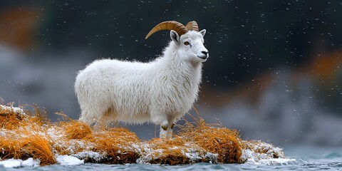 Fototapeta premium Playful goat grazing on a green meadow surrounded by colorful wildflowers under a clear blue sky