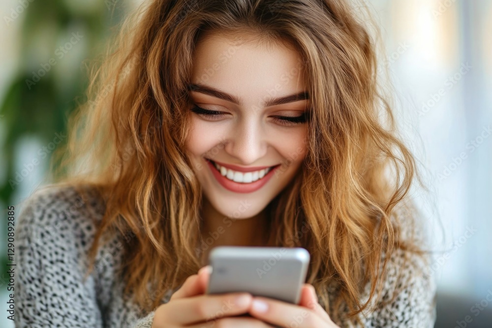 Poster A person smiling while checking their mobile device