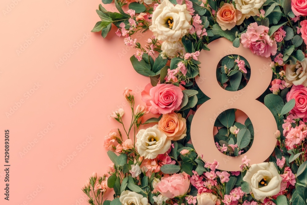 Poster a stylized representation of the number 8 surrounded by flowers and placed on a pink background