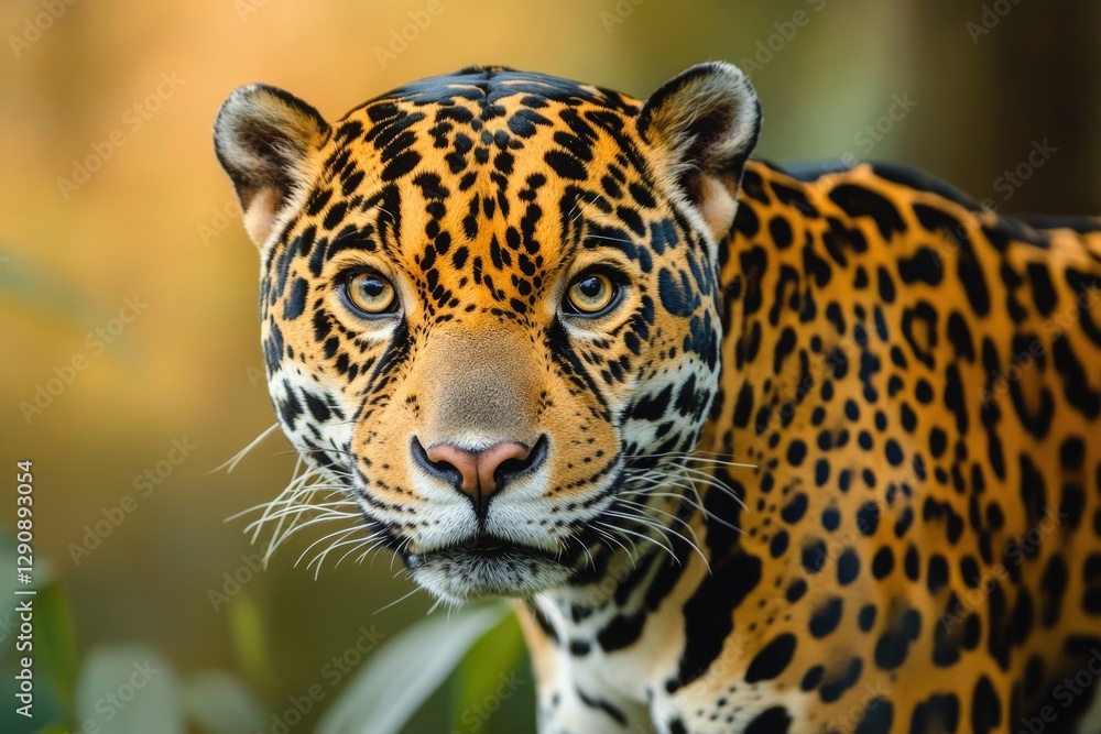 Poster close-up of a leopard's face with a blurry background, suitable for wildlife or conservation-themed 