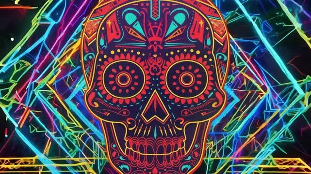 Abstract neon cyberpunk style skull illustration with geometric patterns and vibrant lines against a dark background, showcasing modern digital art. ai