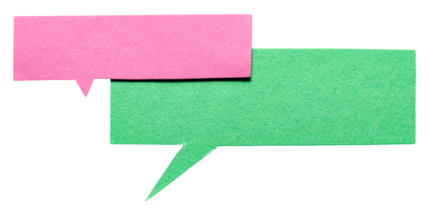 Pink green blank cut out cardboard paper speech bubbles with rough edges and copy space for text on transparent png background conversation discussion design element