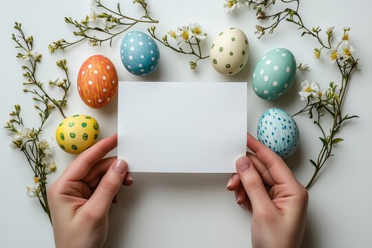 Zwei H&auml;nde halten liebevoll Eier und eine leere Karte. Perfekt zum Gestalten pers&ouml;nlicher Ostergr&uuml;&szlig;e