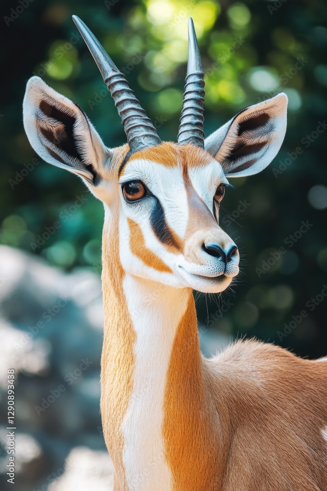 Poster close-up shot of an antelope's head with distinctive horns, suitable for use in wildlife, nature or 